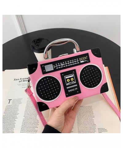 Vintage Radio Recorder Clutch Handbag Leather Top Metal Handle Crossbody Small Box Bag Shoulder Bag A-pink $15.33 Clutches