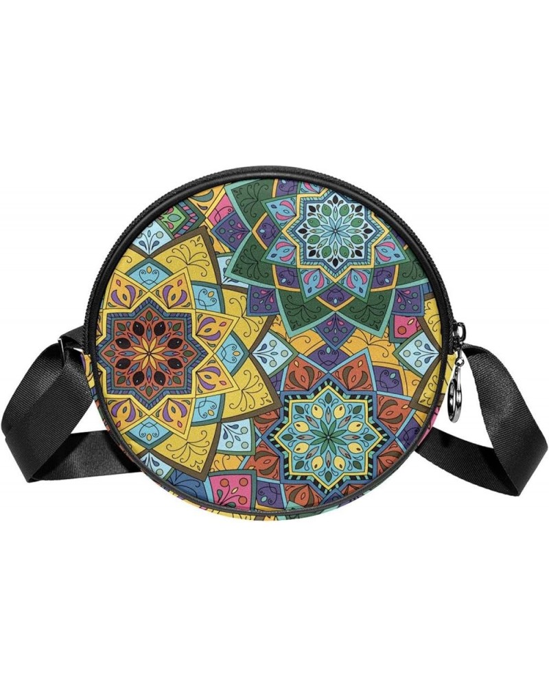 Trippy Mandala Ethnic Boho Floral Print Crossbody Bag for Women Teen Girls Round Canvas Shoulder Bag Purse Tote Handbag Bag M...