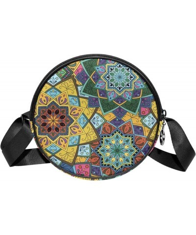 Trippy Mandala Ethnic Boho Floral Print Crossbody Bag for Women Teen Girls Round Canvas Shoulder Bag Purse Tote Handbag Bag M...