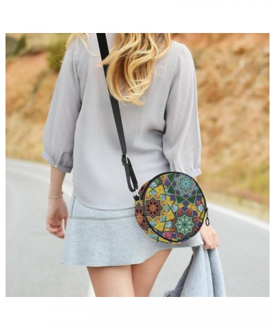 Trippy Mandala Ethnic Boho Floral Print Crossbody Bag for Women Teen Girls Round Canvas Shoulder Bag Purse Tote Handbag Bag M...