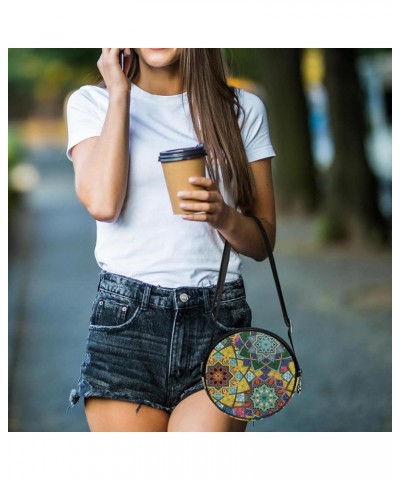 Trippy Mandala Ethnic Boho Floral Print Crossbody Bag for Women Teen Girls Round Canvas Shoulder Bag Purse Tote Handbag Bag M...