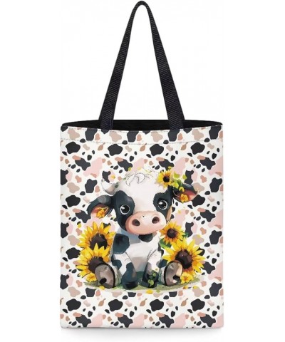 Animal Canvas Reusable Tote Bag Women Shopping Tote Bags Book Bags Animal Cow Sunflower-pink $6.47 Totes