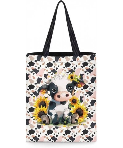 Animal Canvas Reusable Tote Bag Women Shopping Tote Bags Book Bags Animal Cow Sunflower-pink $6.47 Totes