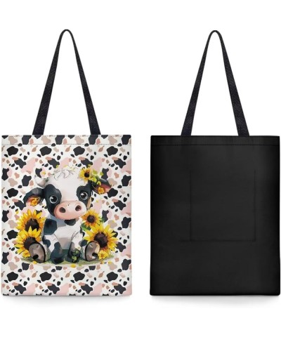 Animal Canvas Reusable Tote Bag Women Shopping Tote Bags Book Bags Animal Cow Sunflower-pink $6.47 Totes