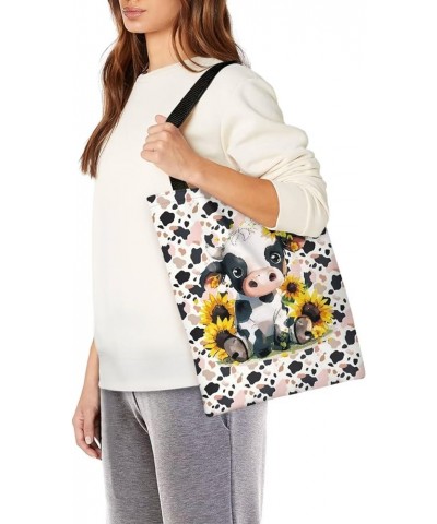 Animal Canvas Reusable Tote Bag Women Shopping Tote Bags Book Bags Animal Cow Sunflower-pink $6.47 Totes