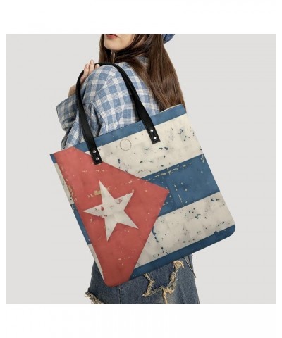 Retro Cuban Flag Women Tote Bags Top Handle Satchel Handbags PU Faux Leather Tassel Shoulder Purse $20.89 Totes