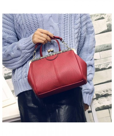 Women's Retro Handbag Kiss Lock Shoulder Purse PU Leather Tote Satchel with Lace Burgundy $18.13 Totes