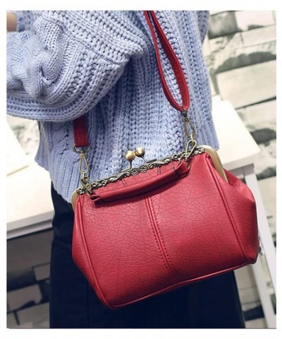 Women's Retro Handbag Kiss Lock Shoulder Purse PU Leather Tote Satchel with Lace Burgundy $18.13 Totes