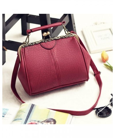 Women's Retro Handbag Kiss Lock Shoulder Purse PU Leather Tote Satchel with Lace Burgundy $18.13 Totes