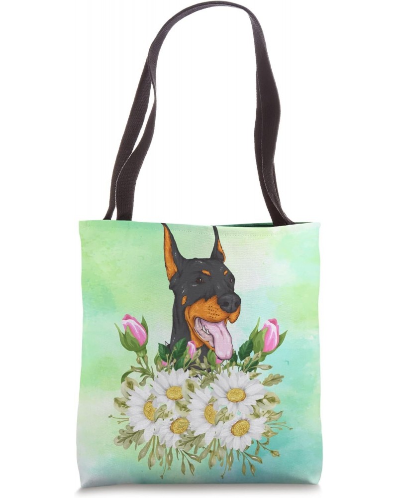 Floral Doberman Pinscher Dog Daisy Tulip Flowers Gardening Tote Bag $11.58 Totes