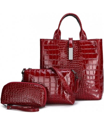 Women Handbag PU Leather Crocodile Pattern Handbag Set Shoulder Bag Wallet Purse 3 Pcs Set Red $35.38 Handbags