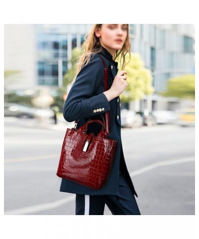 Women Handbag PU Leather Crocodile Pattern Handbag Set Shoulder Bag Wallet Purse 3 Pcs Set Red $35.38 Handbags