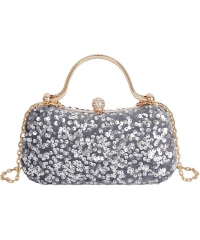 Women Mini Glitter Sequin Evening Handbag Clutch Metal Top-handle Bag Cross-body Bag Grey $17.15 Evening Bags