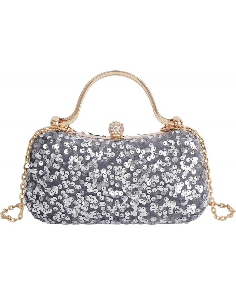 Women Mini Glitter Sequin Evening Handbag Clutch Metal Top-handle Bag Cross-body Bag Grey $17.15 Evening Bags