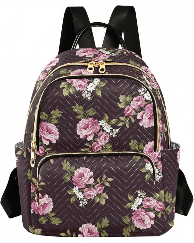 Travel Backpack Purse for Women Fashion Anti-theft Work Casual Pink Rose Floral Black Daypack Shoulder Bag Medium Size Medium...