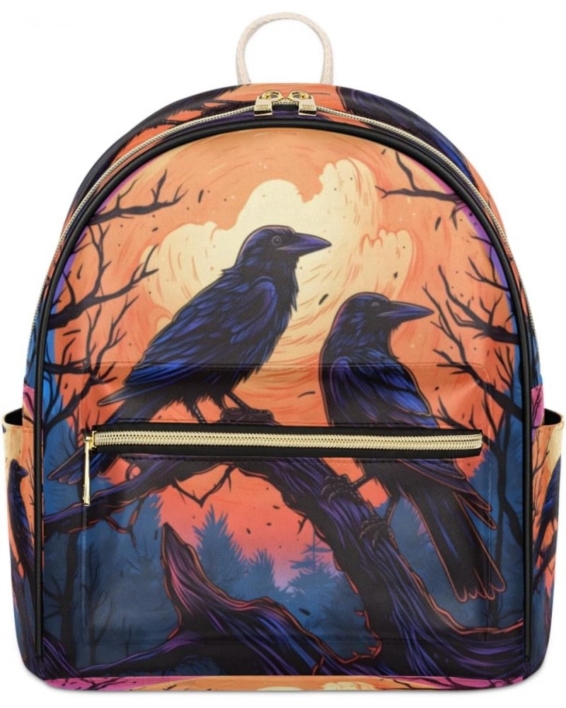 Halloween Crows Bird Backpack Purse for Women PU Leather Lightweight Ladies Shoulder Fashion Satchel Bags Travel Casual Daypa...